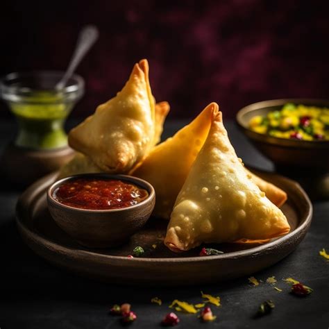 Premium AI Image | samosas with colorful chutney on a plate