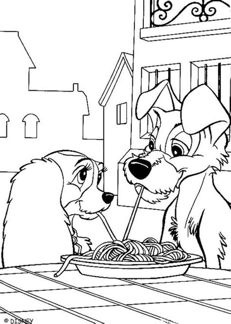 Lady and tramp eating spaghetti coloring pages - Hellokids.com