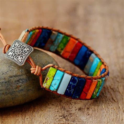 7 Chakra Bracelet Jewelry Handmade Natural Stone Tube Beads Leather