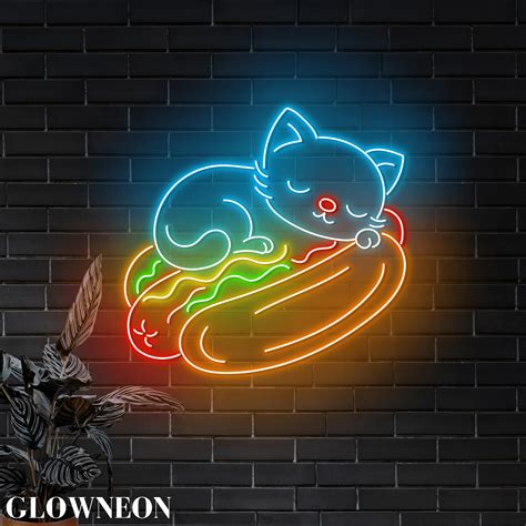 Glowneon Cat Hot Dog Wall Led Light, Hot Dog Shop Fast Food Wall Art