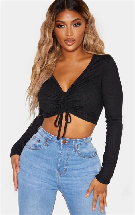 Shape Black Rib Long Sleeve Ruched Front Crop Top Shape Prettylittlething Aus