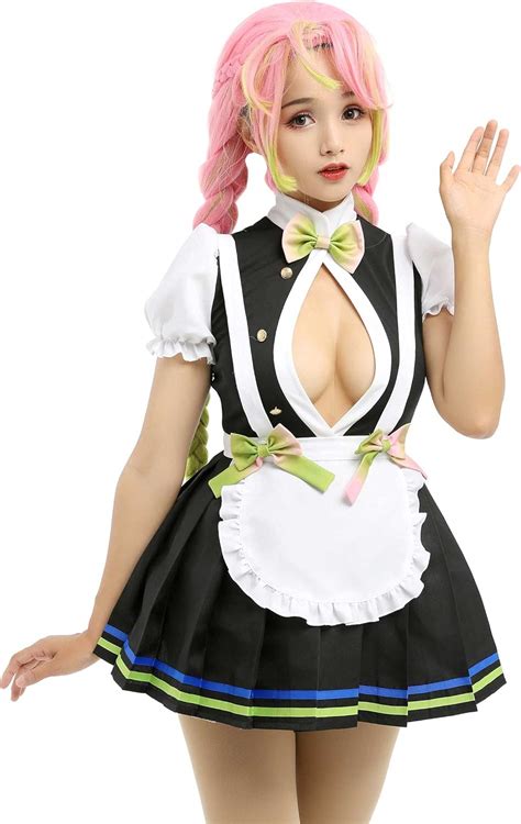 Meowcos Womens Kanroji Mitsuri Maid Dress With Apron Lingerie Cosplay