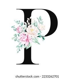 Floral Alphabet Letter P Watercolor Flowers Stock Illustration ...