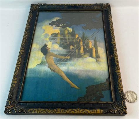 Lot Antique 1905 Maxfield Parrish Dinky Bird Original Lithograph Nude Swing Castle FRAMED