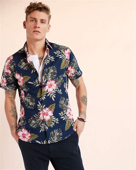 Express Slim Flower Short Sleeve Cotton Shirt Shirts Cotton Shirt