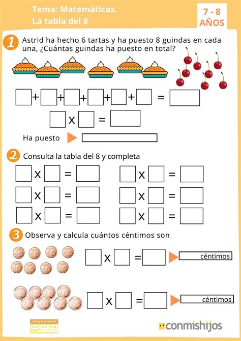 Tabla de multiplicar del 8. Ejercicios de matemáticas para niños