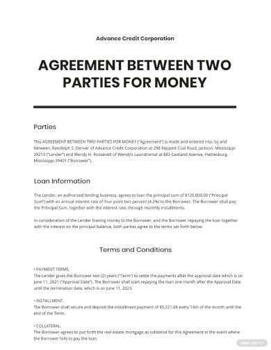 FREE 13 Agreement Between Two Parties For Money Samples Templates In