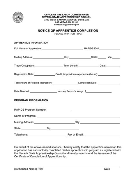 Nevada Notice Of Apprentice Completion Nevada State Apprenticeship