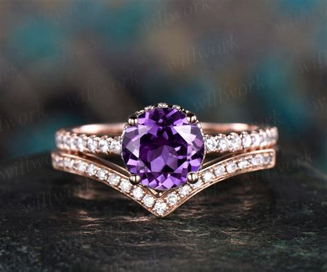 Purple Amethyst Engagement Ring Set Rose Gold Under Halo Etsy