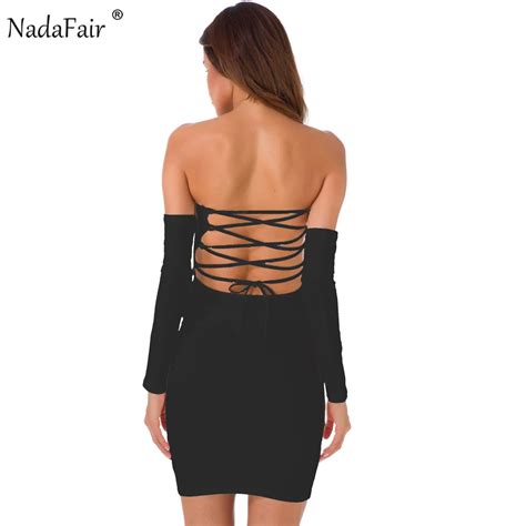 Nadafair 95 Cotton Lace Up Off Shoulder Slash Neck Sexy Club Bodycon