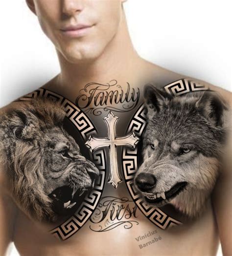 A Man With Tattoos On His Chest And Two Wolf Heads In Front Of The Cross