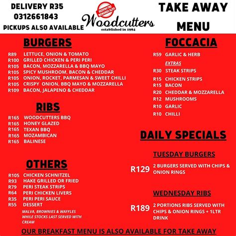 Menu at Woodcutters Restaurant, Westville