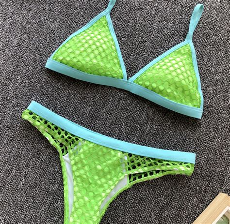 Sexy Fish Net Bikini Set Splicing Triangle Push Up Bikinis Women