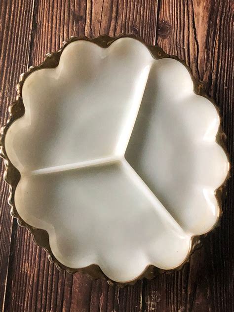 Vintage Anchor Hocking Milk Glass Round Relish Dish With Gold Etsy