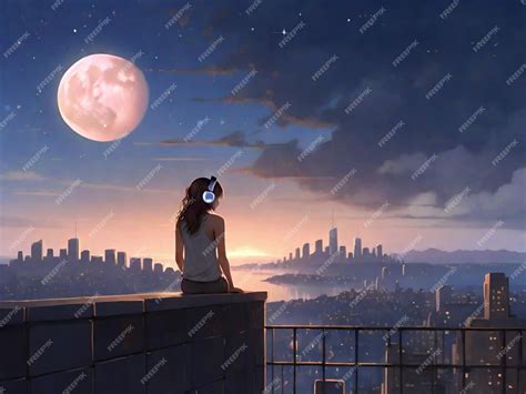 Premium AI Image | Sad Anime Girl Listening Music Lofi Night