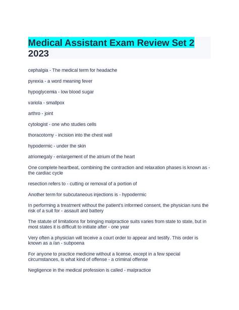 Medical Assistant Exam Review Set 2 2023 Exams Nursing Docsity