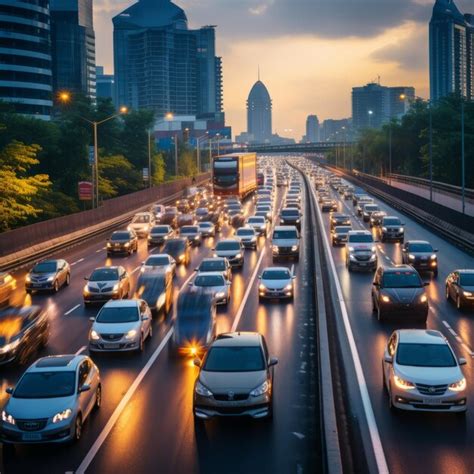 El atasco de tráfico en una autopista concurrida en una gran ciudad en