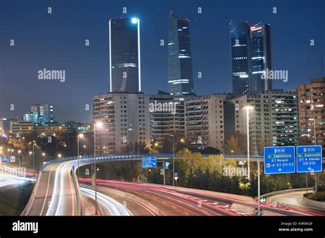 Financial District skyline Madrid, Spain. Rays of traffic lights Stock ...