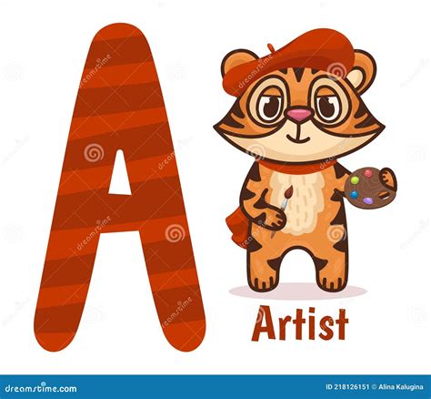 Alphabet With Tiger Artist Cartoon Character Letter A Vector