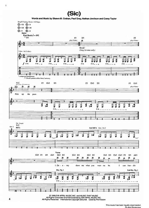 Sic Gitarre Tab Pdf Noten Von Slipknot In F Dur Fbd 3156