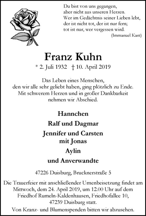 Traueranzeigen Von Franz Kuhn Trauer In Nrw De