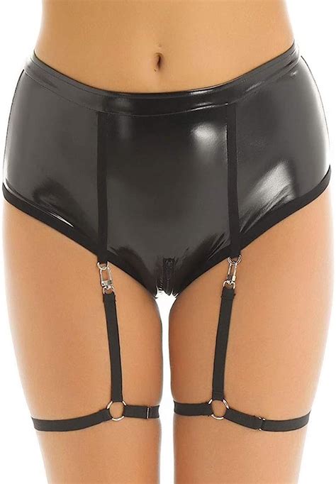 MSemis Femmes Cuir Verni Lingerie Sexy Culotte Short Zippé Wetlook