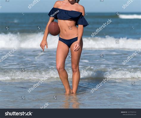 Gorgeous Model Bikini Holding Football Clearwater Stock Photo