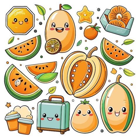 Colorful Illustrations Of Various Fruits And Cheerful Objects Premium