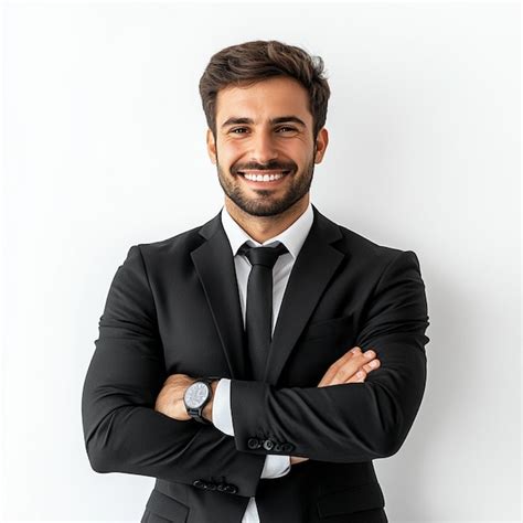 Um retrato de um feliz empresário Homem de terno braços cruzados fundo