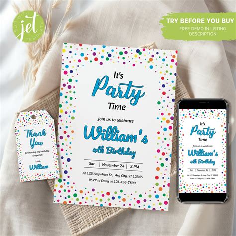 Editable Confetti Birthday Invitation Template Colorful Invite Card