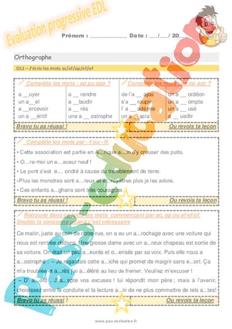 Evaluation progressive par compétences Ecrire les sons difficiles