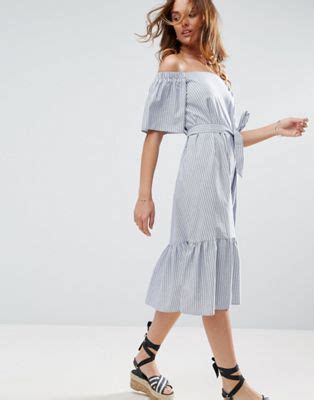 Asos Off Shoulder Cotton Midi Dress In Stripe Asos Cotton Midi