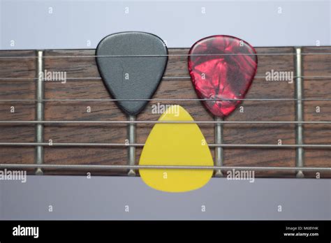 Guitar Picks On A Rosewood Electric Guitar Neck White Background Stock