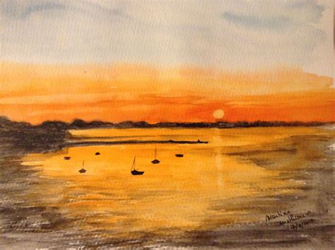 Coucher De Soleil Sur La Mer Aquarelle Martine Mathioux Paysage De