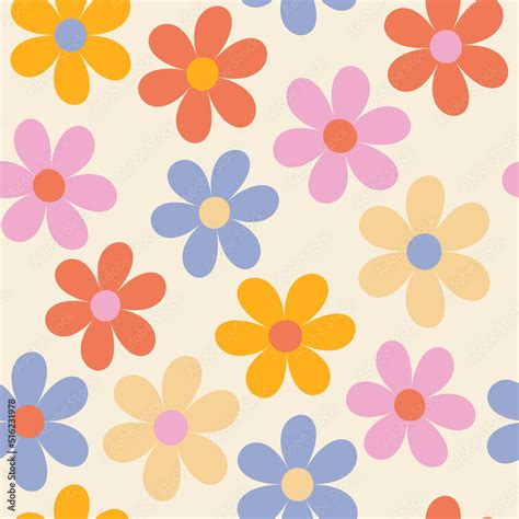 Floral Pattern In The Style Of The S With Groovy Daisy Flowers Retro