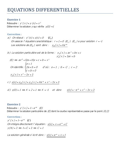 Corrigé Equations Differentielles Pdf Équations Objets Mathématiques