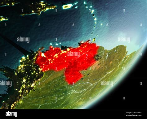 Venezuela In The Morning Highlighted In Red On Planet Earth 3D