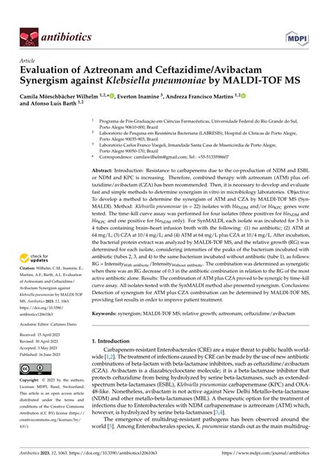 PDF Evaluation Of Aztreonam And Ceftazidime Avibactam Synergism