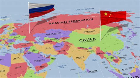 Russia and China Flag Waving with The World Map, Seamless Loop in Wind ...