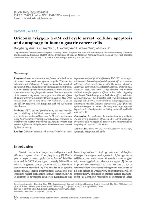 Pdf Oridonin Triggers G M Cell Cycle Arrest Cellular Apoptosis And