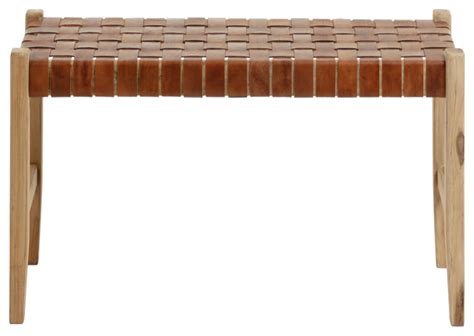 Brown Leather Woven Bench La Forma Calixta Transitional Accent