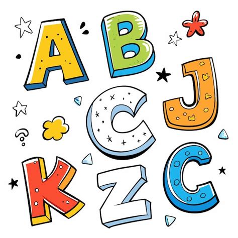 Letras Coloridas De Dibujos Animados A B C J K Y Z Con Estrellas Y Otros Diseños Vector