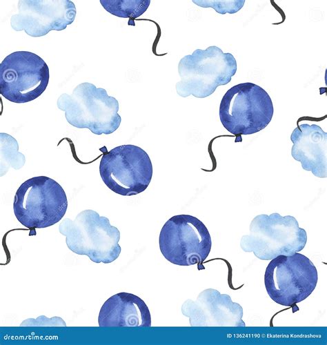 Blue Balloon And Cloud Print Hand Drawn Watercolor Illustration Stock