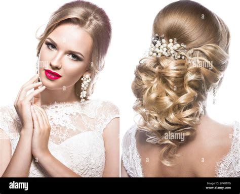 Belle femme blonde à l image de la mariée avec des fleurs Beauté visage et coiffure Photo