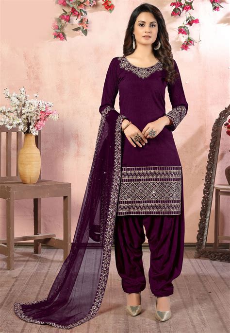 Buy Embroidered Art Silk Punjabi Suit In Wine Online Kch Utsav