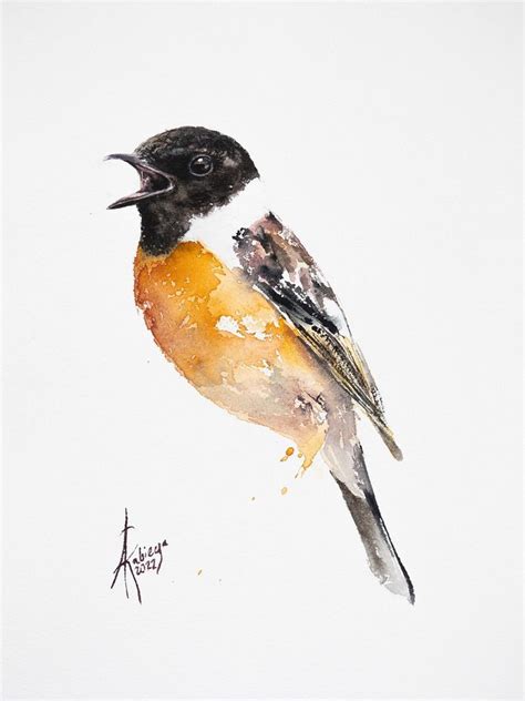 Stonechat 2022 Watercolour By Andrzej Rabiega Bird Watercolor