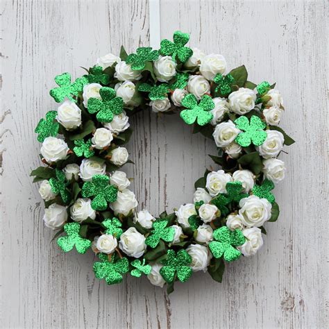 Glitter Shamrock White Rose St Patrick S Day Wreath St Patricks