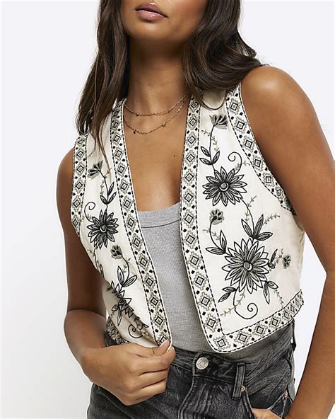 Cream Embroidered Floral Waistcoat River Island