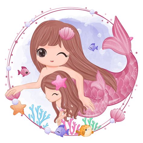 Cute Mermaid Mom And Baby In Watercolor Illustration 19852149 Vector