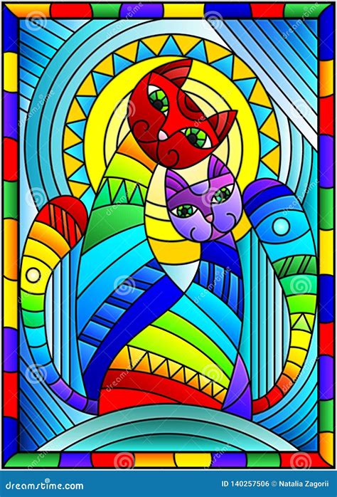 Stained Glass Illustration With A Pair Of Abstract Geometric Rainbow Cats On A Blue Background